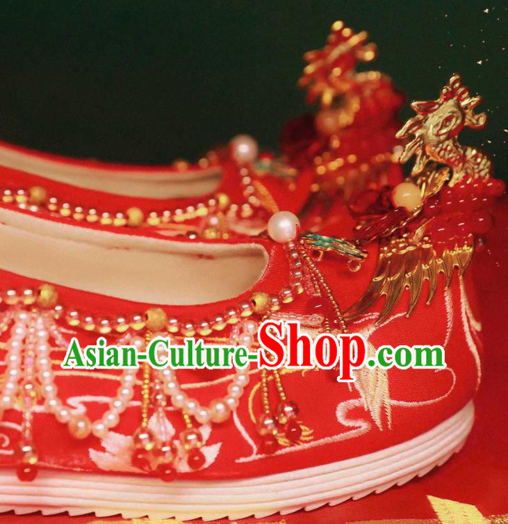 Handmade Chinese Ancient Princess Shoes Traditional Hanfu Red Satin Shoes Embroidered Phoenix Shoes