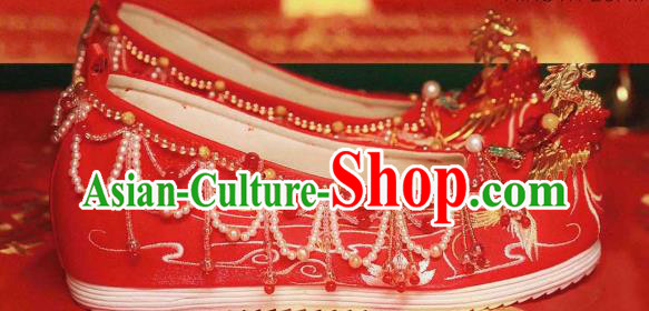 Handmade Chinese Ancient Princess Shoes Traditional Hanfu Red Satin Shoes Embroidered Phoenix Shoes