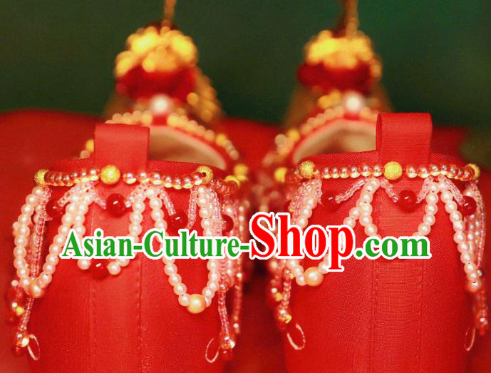 Handmade Chinese Ancient Princess Shoes Traditional Hanfu Red Satin Shoes Embroidered Phoenix Shoes