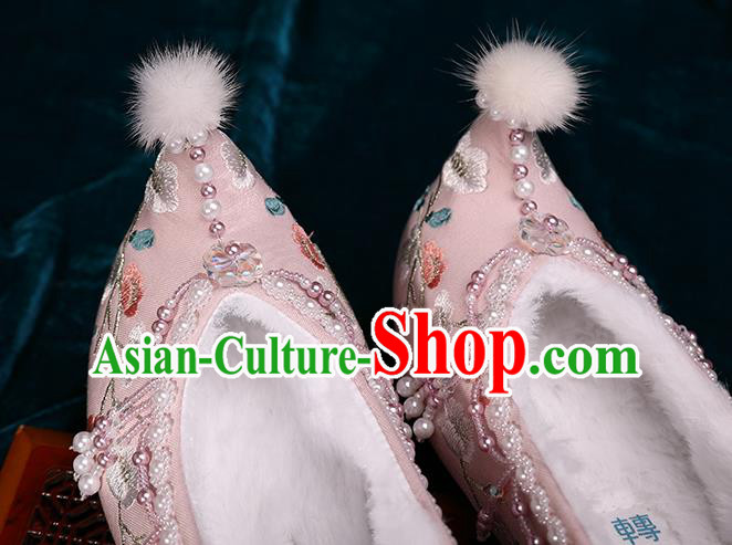 Chinese Handmade Pink Satin Shoes Hanfu Pearls Shoes Traditional Embroidered Plum Blossom Shoes