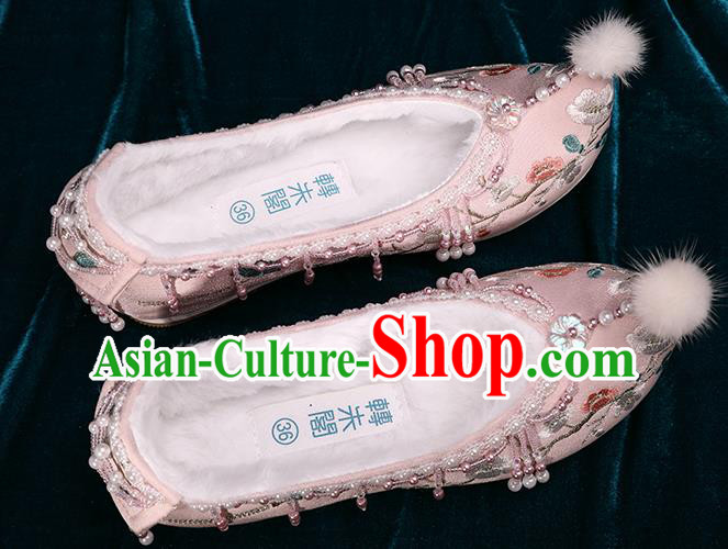 Chinese Handmade Pink Satin Shoes Hanfu Pearls Shoes Traditional Embroidered Plum Blossom Shoes