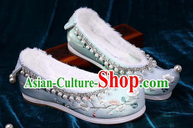 Chinese Ancient Princess Green Satin Shoes Traditional Embroidered Plum Blossom Shoes Handmade Pearls Shoes