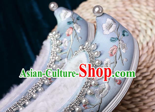 Chinese Ancient Princess Green Satin Shoes Traditional Embroidered Plum Blossom Shoes Handmade Pearls Shoes