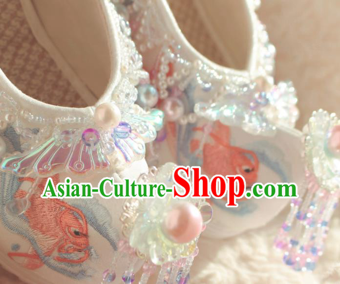 Handmade Chinese Traditional Hanfu White Shoes Embroidered Fish Shoes Ancient Princess Shoes