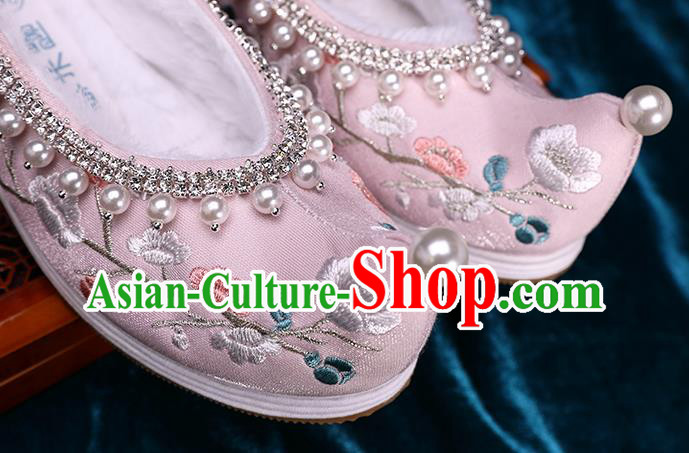 Chinese Traditional Embroidered Plum Blossom Shoes Handmade Pearls Shoes Ancient Princess Pink Satin Shoes