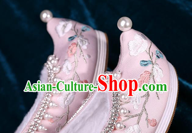 Chinese Traditional Embroidered Plum Blossom Shoes Handmade Pearls Shoes Ancient Princess Pink Satin Shoes