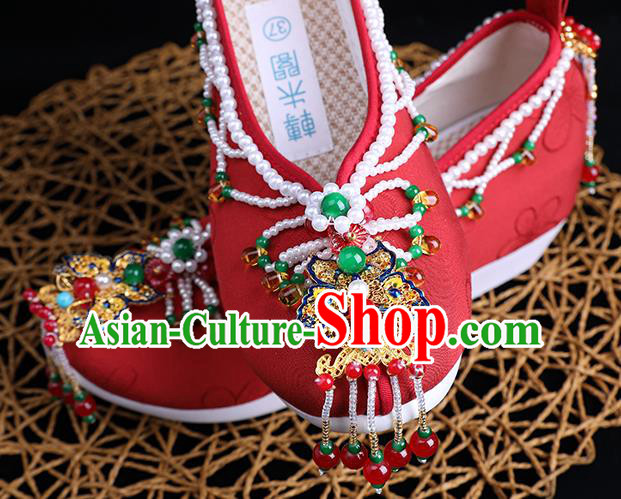 Chinese Handmade Red Cloth Shoes Ancient Princess Shoes Traditional Beads Tassel Shoes