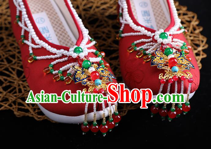 Chinese Handmade Red Cloth Shoes Ancient Princess Shoes Traditional Beads Tassel Shoes
