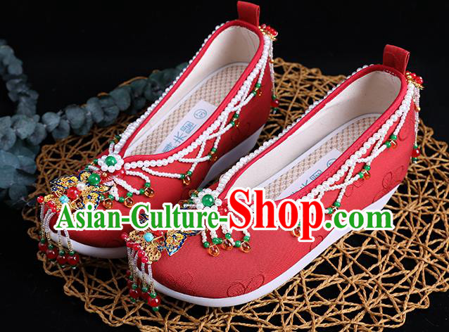 Chinese Handmade Red Cloth Shoes Ancient Princess Shoes Traditional Beads Tassel Shoes
