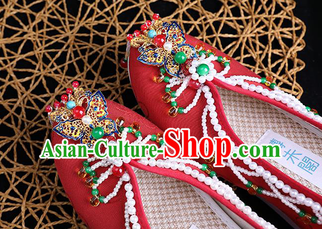 Chinese Handmade Red Cloth Shoes Ancient Princess Shoes Traditional Beads Tassel Shoes