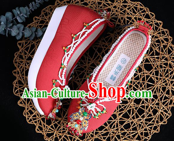Chinese Handmade Red Cloth Shoes Ancient Princess Shoes Traditional Beads Tassel Shoes