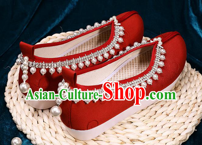 Chinese Handmade Wedding Red Cloth Shoes Ancient Princess Shoes Traditional Hanfu Pearls Shoes