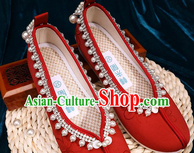 Chinese Handmade Wedding Red Cloth Shoes Ancient Princess Shoes Traditional Hanfu Pearls Shoes
