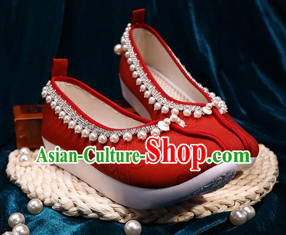 Chinese Handmade Wedding Red Cloth Shoes Ancient Princess Shoes Traditional Hanfu Pearls Shoes