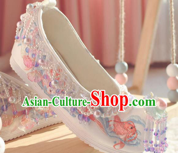 Handmade Chinese Traditional Hanfu White Shoes Embroidered Fish Shoes Ancient Princess Shoes