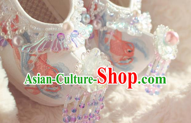 Handmade Chinese Traditional Hanfu White Shoes Embroidered Fish Shoes Ancient Princess Shoes