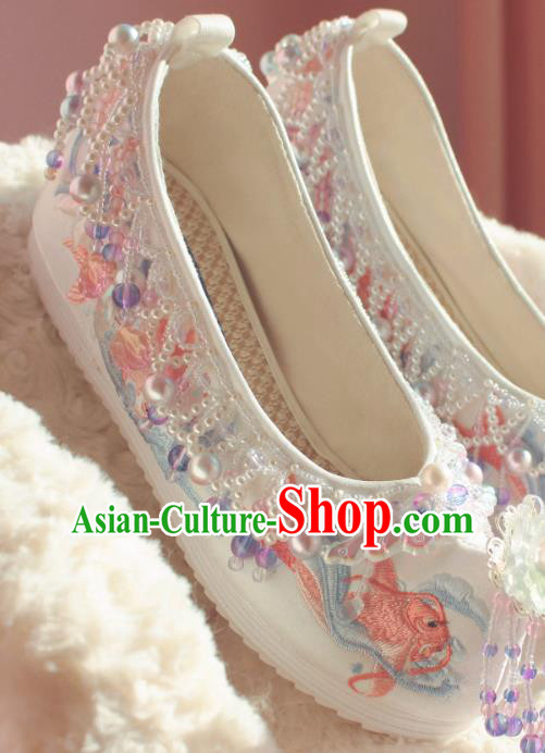 Handmade Chinese Traditional Hanfu White Shoes Embroidered Fish Shoes Ancient Princess Shoes