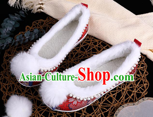 Chinese Ancient Princess Shoes Traditional Hanfu Embroidered Shoes Handmade Wedding Red Brocade Shoes