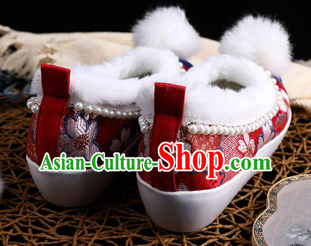 Chinese Ancient Princess Shoes Traditional Hanfu Embroidered Shoes Handmade Wedding Red Brocade Shoes