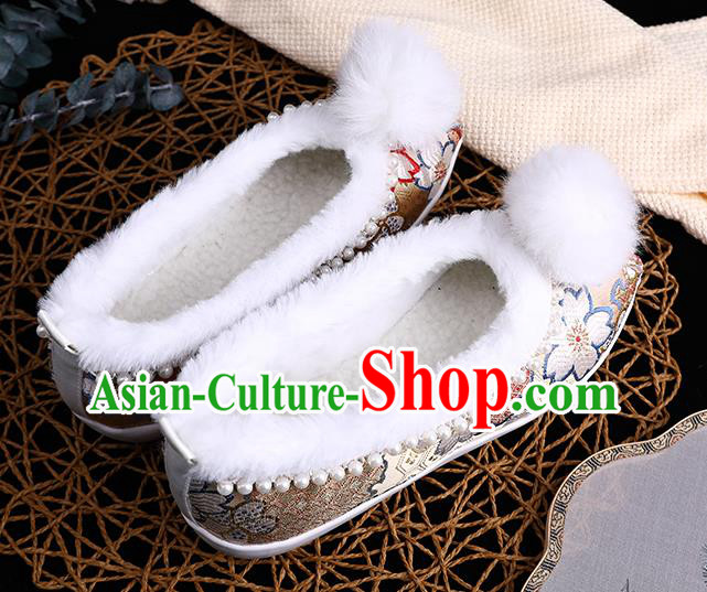 Chinese Traditional Hanfu Winter Shoes Ancient Princess Shoes Handmade Golden Brocade Shoes