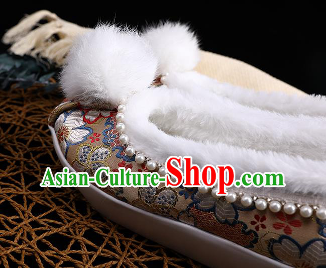 Chinese Traditional Hanfu Winter Shoes Ancient Princess Shoes Handmade Golden Brocade Shoes