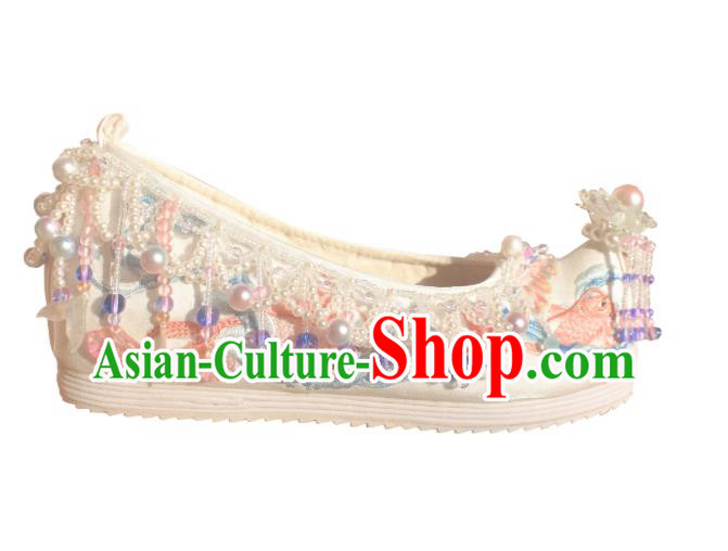 Handmade Chinese Traditional Hanfu White Shoes Embroidered Fish Shoes Ancient Princess Shoes