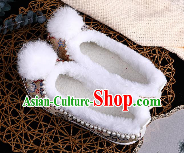 Chinese Traditional Hanfu Winter Shoes Ancient Princess Shoes Handmade Golden Brocade Shoes