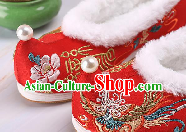Chinese Traditional Hanfu Shoes Ancient Princess Shoes Handmade Embroidered Phoenix Red Shoes