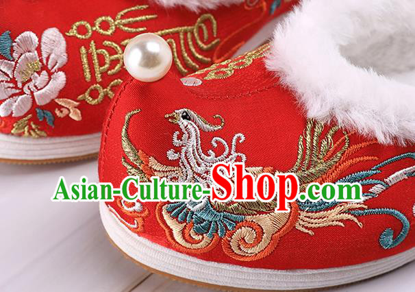 Chinese Traditional Hanfu Shoes Ancient Princess Shoes Handmade Embroidered Phoenix Red Shoes
