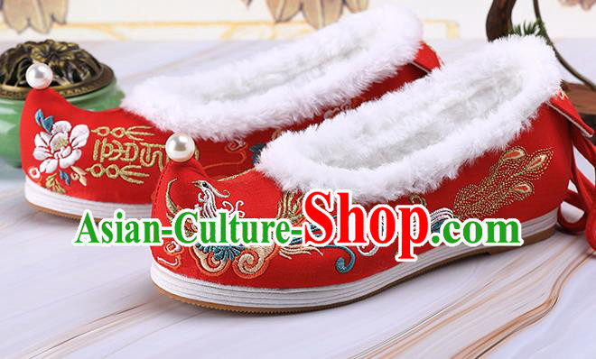 Chinese Traditional Hanfu Shoes Ancient Princess Shoes Handmade Embroidered Phoenix Red Shoes