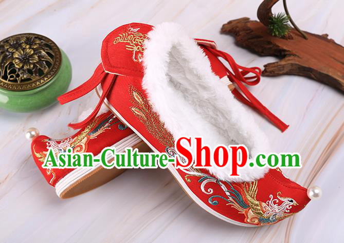 Chinese Traditional Hanfu Shoes Ancient Princess Shoes Handmade Embroidered Phoenix Red Shoes