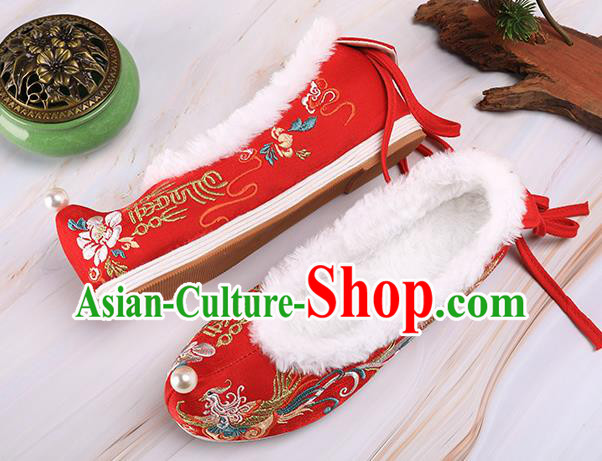 Chinese Traditional Hanfu Shoes Ancient Princess Shoes Handmade Embroidered Phoenix Red Shoes