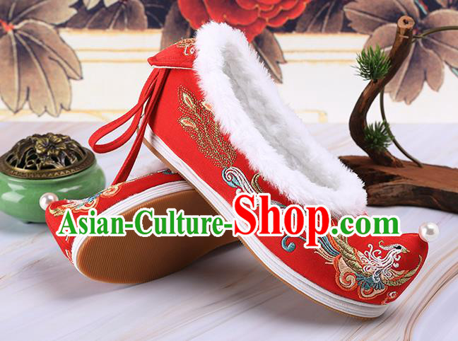 Chinese Traditional Hanfu Shoes Ancient Princess Shoes Handmade Embroidered Phoenix Red Shoes