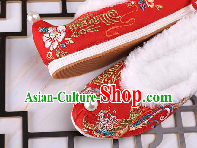 Chinese Traditional Hanfu Shoes Ancient Princess Shoes Handmade Embroidered Phoenix Red Shoes