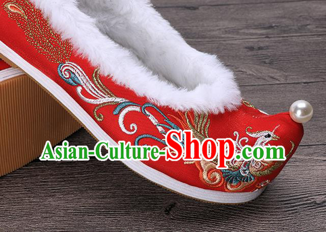 Chinese Traditional Hanfu Shoes Ancient Princess Shoes Handmade Embroidered Phoenix Red Shoes