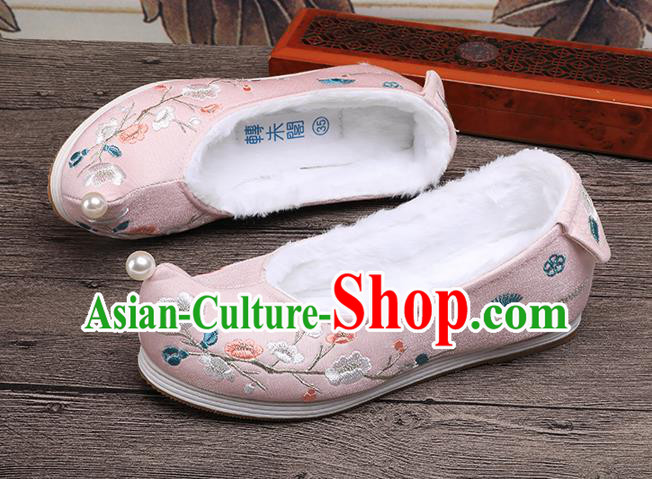 Chinese Traditional Hanfu Winter Shoes Ancient Princess Shoes Handmade Embroidered Plum Blossom Pink Shoes