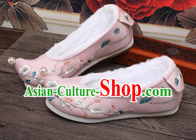 Chinese Traditional Hanfu Winter Shoes Ancient Princess Shoes Handmade Embroidered Plum Blossom Pink Shoes