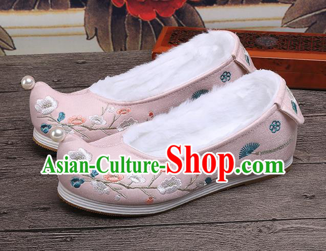 Chinese Traditional Hanfu Winter Shoes Ancient Princess Shoes Handmade Embroidered Plum Blossom Pink Shoes