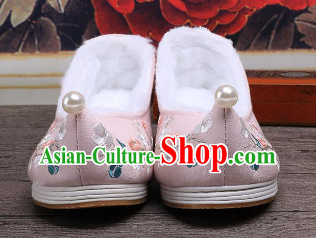 Chinese Traditional Hanfu Winter Shoes Ancient Princess Shoes Handmade Embroidered Plum Blossom Pink Shoes
