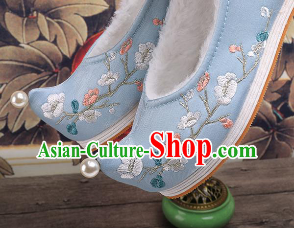 Chinese Ancient Princess Shoes Handmade Embroidered Plum Blossom Blue Shoes Traditional Hanfu Winter Shoes