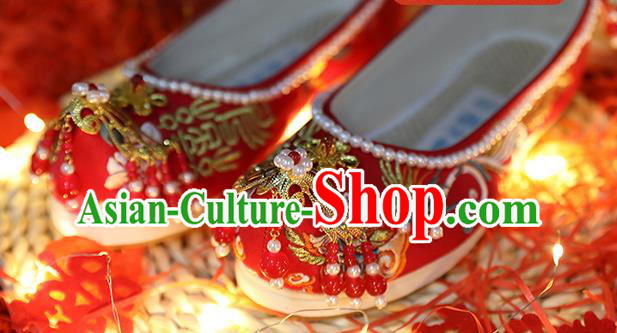 Chinese Embroidered Red Shoes Traditional Hanfu Pearls Shoes Ancient Bride Wedding Shoes