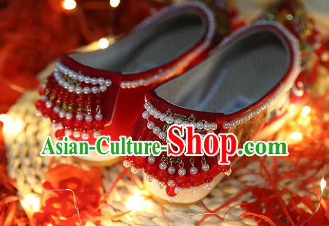 Chinese Embroidered Red Shoes Traditional Hanfu Pearls Shoes Ancient Bride Wedding Shoes
