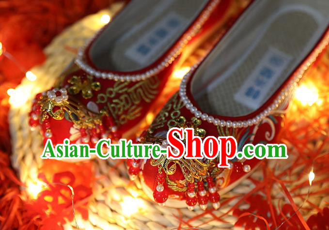 Chinese Embroidered Red Shoes Traditional Hanfu Pearls Shoes Ancient Bride Wedding Shoes