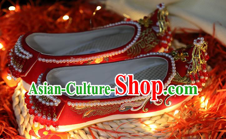 Chinese Embroidered Red Shoes Traditional Hanfu Pearls Shoes Ancient Bride Wedding Shoes