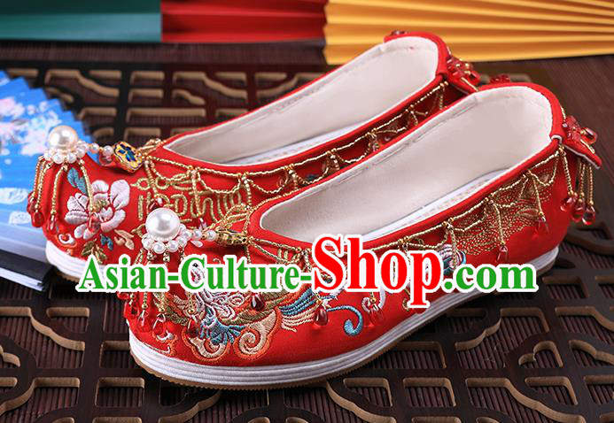Chinese Embroidered Phoenix Shoes Traditional Hanfu Red Shoes Ancient Bride Wedding Tassel Shoes