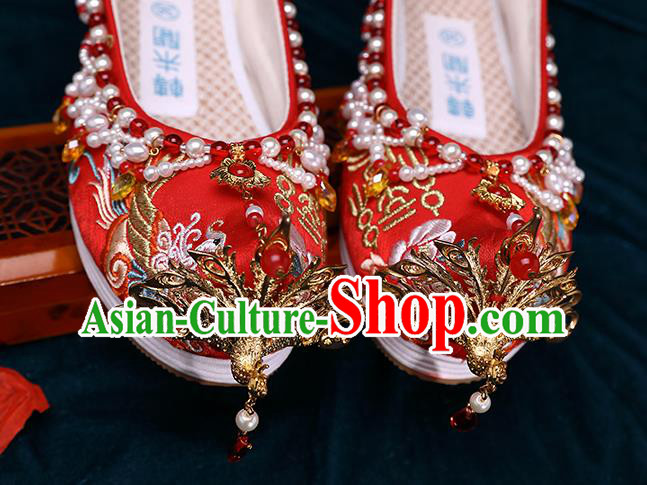 Chinese Traditional Hanfu Golden Phoenix Shoes Ancient Bride Wedding Shoes Red Embroidered Shoes