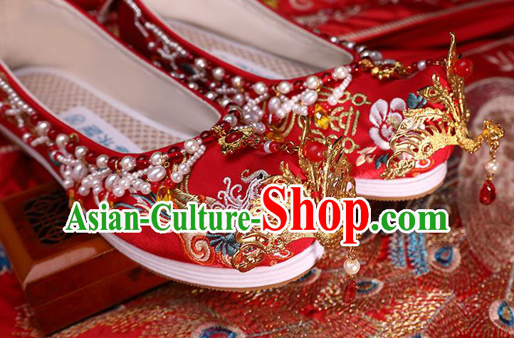Chinese Traditional Hanfu Golden Phoenix Shoes Ancient Bride Wedding Shoes Red Embroidered Shoes