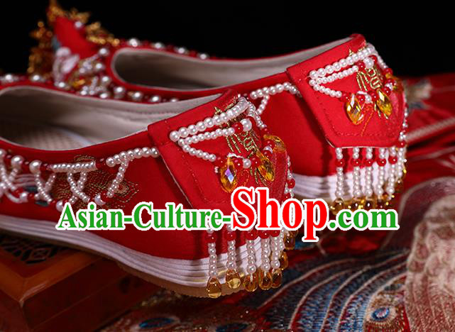 Chinese Traditional Hanfu Golden Phoenix Shoes Ancient Bride Wedding Shoes Red Embroidered Shoes