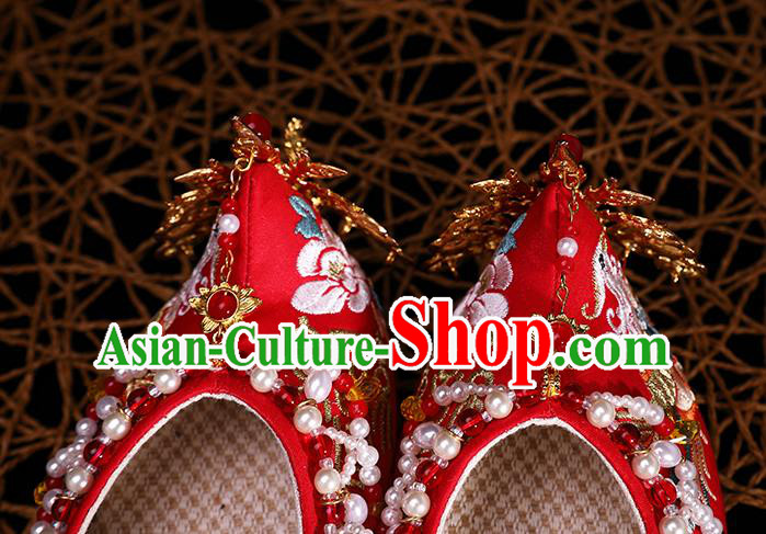 Chinese Traditional Hanfu Golden Phoenix Shoes Ancient Bride Wedding Shoes Red Embroidered Shoes