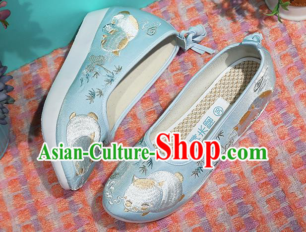 Chinese Ancient Princess Shoes Embroidered Blue Shoes Traditional Ming Dynasty Shoes